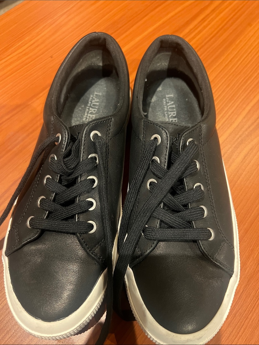 Lauren Ralph Lauren Black Leather Low-Top Sneakers with White Soles